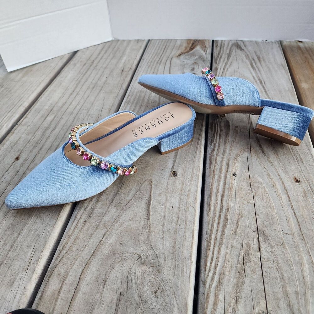 New In Box Journee Collection Light Blue Velor Embellished Jewelled Mules Sz 5.5 - Picture 14 of 16